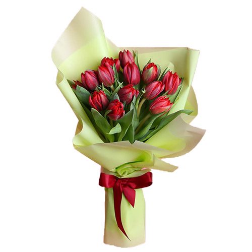 Фото товара 15 красных тюльпанов в зелёной упаковке в Измаиле