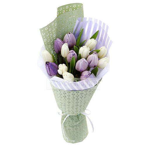 Фото товара 15 бело-фиолетовых тюльпанов в Измаиле
