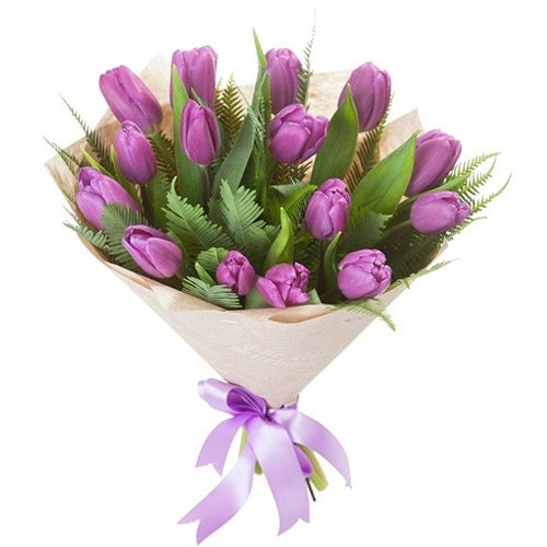 Фото товара 15 фиолетовых тюльпанов с декором в Измаиле
