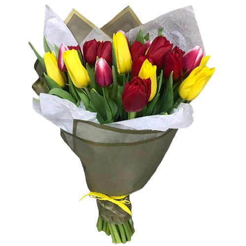 Фото товара 21 красно-жёлтый тюльпан в двойной упаковке в Измаиле
