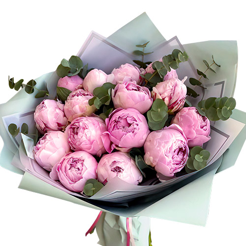 Фото товара 15 светло-розовых пионов с зеленью в Измаиле