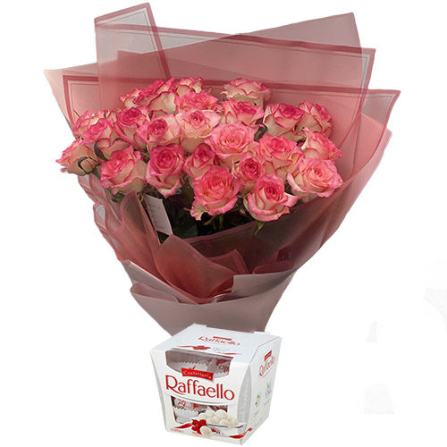 Фото товара 25 рожевих троянд із цукерками в Измаиле